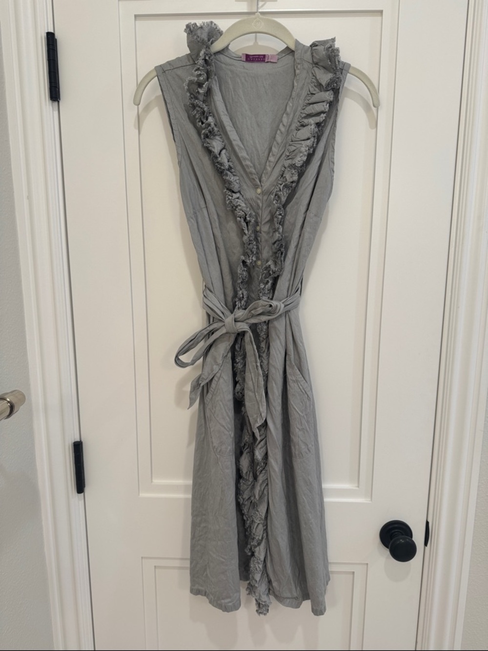 CALYPSO ST. BARTH! 100% SILK!Small light Gray Ruffle-Trim Sleeveless Wrap Dress.